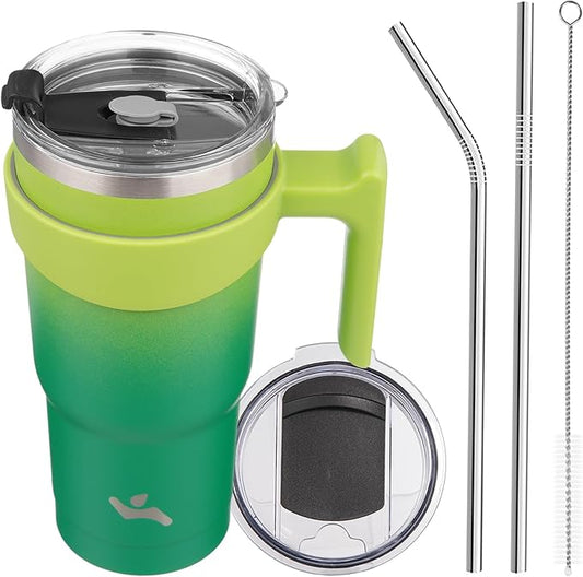 Konokyo 20 oz Tumbler with Handle and 2 Straw 2 Lid, Insulated Water Bottle Stainless Steel Vacuum Cup Reusable Travel Mug,Matcha Green