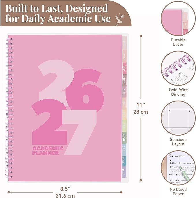 Rileys Academic Planner 2026-2027, Daily, Weekly & Monthly Planner, July 2026 - June 2027, Student Notes Pages, Twin-Wire Binding, Weekly Agenda for School & Work (8.5 x 11-Inches, Chunky, Pink)