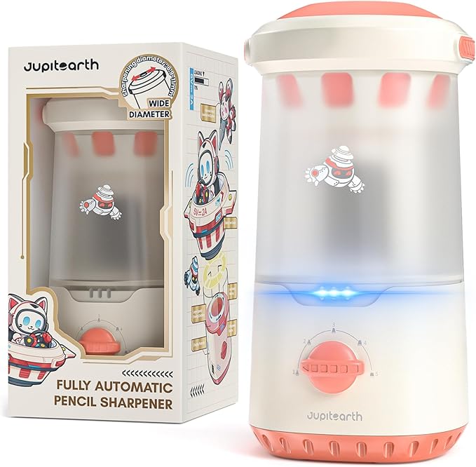 JUPITEARTH Electric Pencil Sharpener for Kids, Hands-Free, Rechargeable, Auto in & Out Spaceship Fully Automatic Pencil Sharpener Fits 6.9-11mm Colored/No.2 Pencils for Classroom Home Office (Pink)