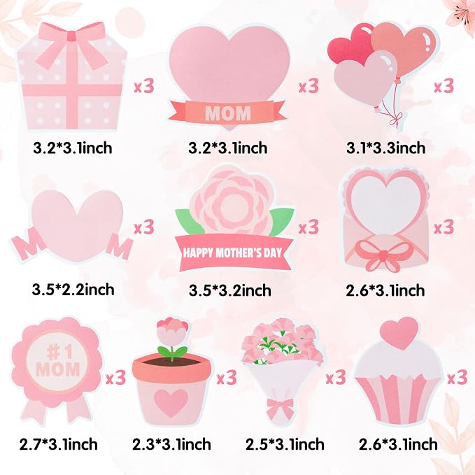 Xqumoi 30 Pack Mother's Day Sticky Notes - Mother’s Day Birthday Gift Pink Flower Heart Gift Box Shaped Self Sticky Notepads Writing Memo Pads School Office Activity Party Favor Supplies for Mom