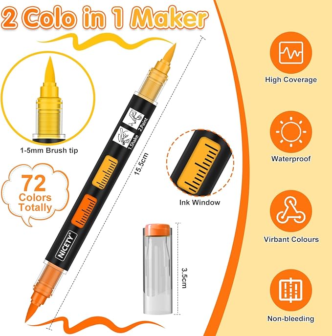 NICETY 72 Colors Dual-Tip Acrylic Paint Markers – 36 Double-Color Brush Pens with 1–5mm Flexible Tips, Water-Based Quick-Dry Non-Toxic Paint Pens for Rock Wood Glass Ceramic Metal Fabric Canvas