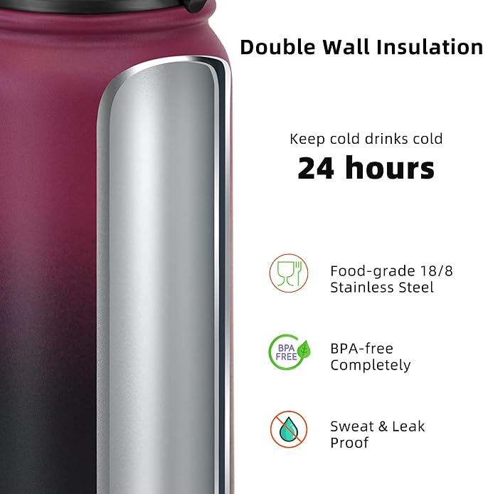 Fanhaw 20 oz Insulated Stainless Steel Water Bottle with Anti-Dust Chug Lid & Carabiner Lid, Leakproof Vacuum Metal Bottle for Kids, Teens & Adults, Back to School Essentials (Red Black)