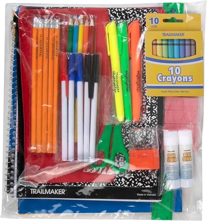 Trail maker Bulk Elementary School Supply Kits, 12 Packs of 45 Piece Wholesale School Supplies for Kids Includes Folders Notebooks Pencils Pens and Much More!