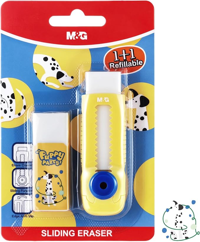 M&G 1+1 Pack Yellow Sliding Retractable Cute Eraser Set, Refillable Soft Large Rubber Eraser with Sleeve for Kids Students School Office Supplies