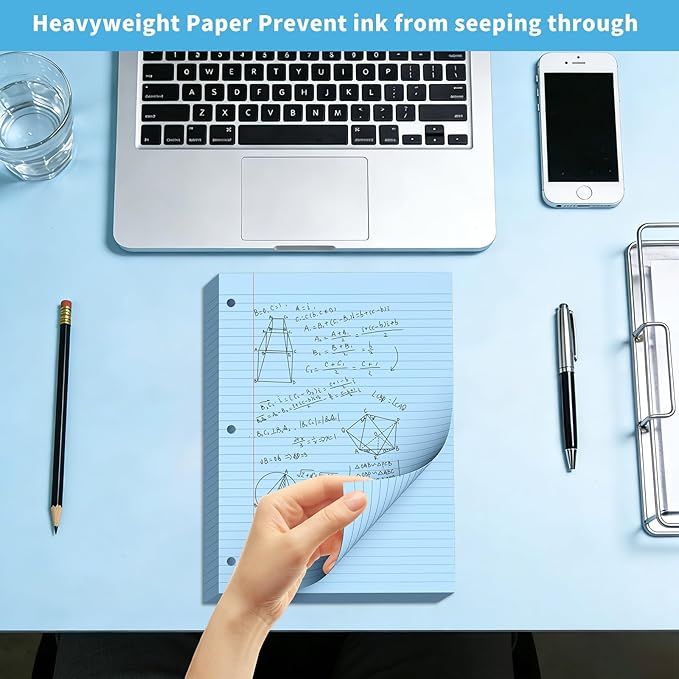 Blue Loose Leaf Paper 120 Sheets Colored Filler Pape 8" x 10.5" College Ruled Paper 3-Hole Punched Paper for 3-Ring Binders Notebook Lined 8 * 10.5 Binder Paper Blue Paper for School Office Supplies