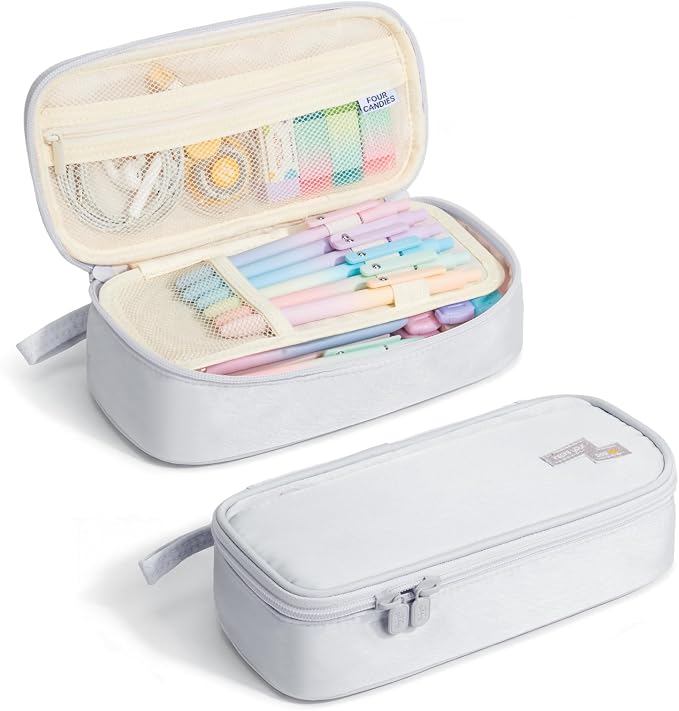 Four Candies Large Pencil Case, 5 Compartments Canvas Pen Organize | Big Capacity Pencil Pouch Bag for School Supplies, Portable Stationery Holder for Teen Girls Boy Men Women