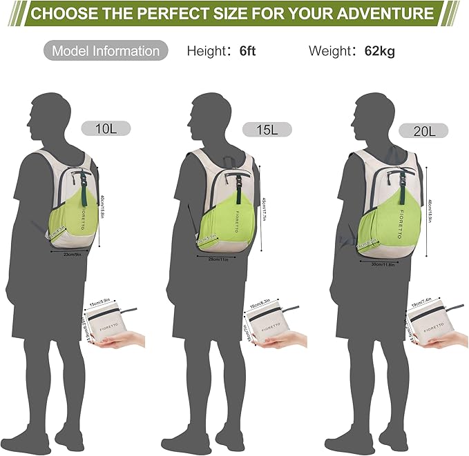 FIORETTO 10L/15L/20L Hiking Backpack for Women Men Mini Packable Backpack Lightweight Small Daypack for Travel Camping