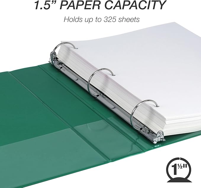 Samsill 1.5 Inch 3 Ring Binder, Economy Round Ring, Clear View Cover, 325 Sheet Capacity - for School, Home, Office - Forsest Green
