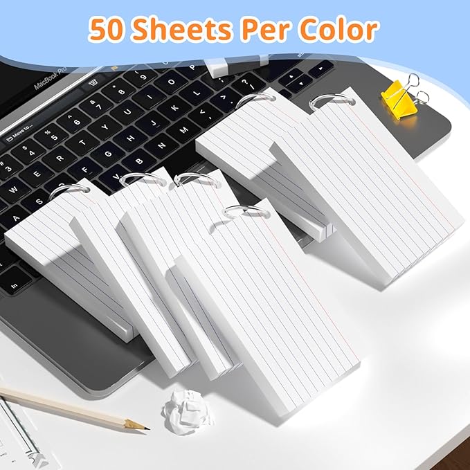 Index Cards 3x5 Inches, 600 PCS, White Flash Cards With Ring, Punched Lined Study Card Ruled Flashcards Notecards, Ruled Front And Blank Back, Note Card for School, College And Home