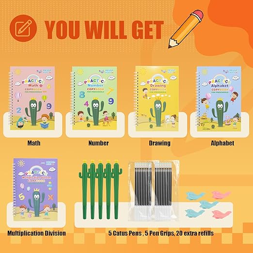 BYFWH Magic Practice Copybook, Reusable Writing Practice Book, Grooved Handwriting Copybook Set for Preschool Kids Age 3-8 Calligraphy 5.7 * 7.9 inch (5 PCS with 5 Cactus Pens & A Storage Bag)