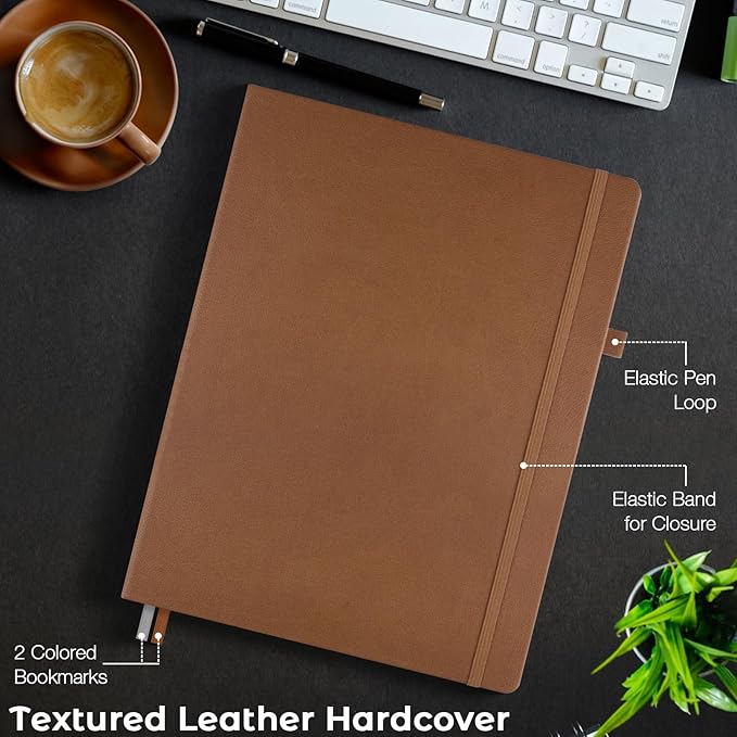 Dotted Journal, Hardcover Notebook 8.5 x 11, Dot Grid Notebook Journal for Women, Men, Large Leather Journals for Writing, Bullet, No Bleed Thick Paper, A4 Notebooks for Work, School, Notes, Brown