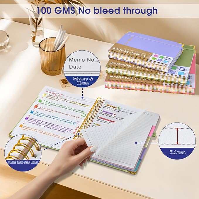 Hardcover Spiral Notebooks for Work, 5 Subject Notebook College Ruled with Dividers Tabs, Lined Organizer Notebook Journal for women, 8"x10" Large B5 Notebooks for School Note taking, 240 Pages Purple
