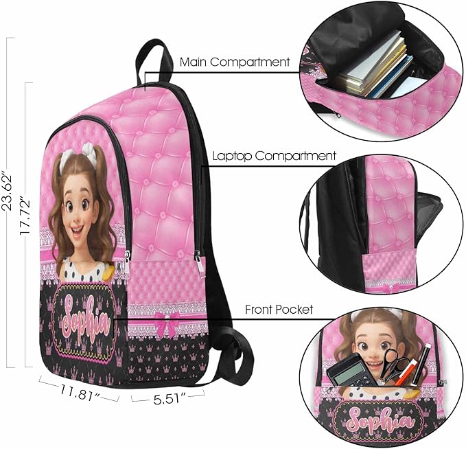 M YESCUSTOM Custom Backpack for Girls Personalized School Bookbag with Lunch Bag Kids Girl Backpacks with Face Elementary Preschool Cute Book Bag Daypack Travel Bag Water Bottle