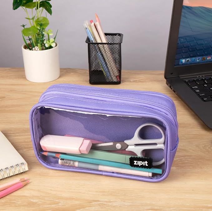 ZIPIT Half & Half Pencil Case for Girls, 3-Compartment Zipper Pouch, Purple | Clear-front pencil case for school, dedicated organizer panels, holds up to 70 pens & pencils, durable easy-care polyester