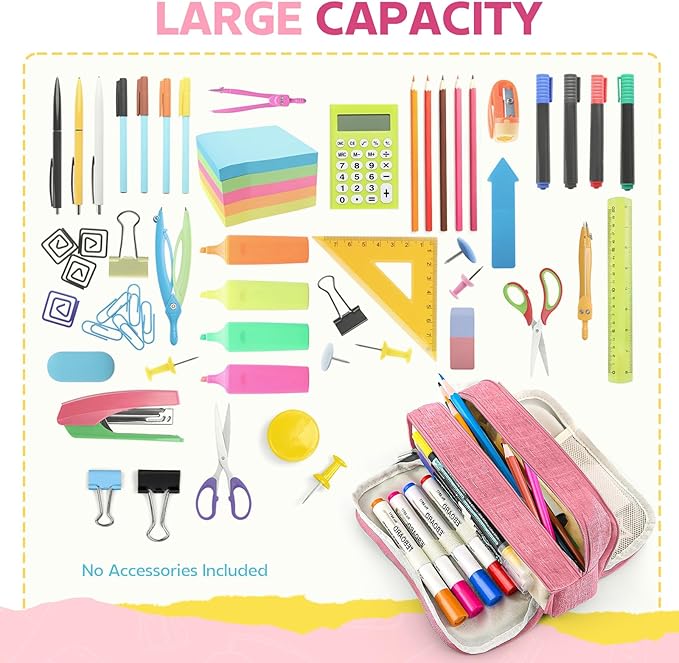 Large Capacity Pencil Case Pencil Pouch Pen Bag with 3 Compartment Stationery Organizer with Zipper, School Supplies Organizer for Teen Adults (Pink)