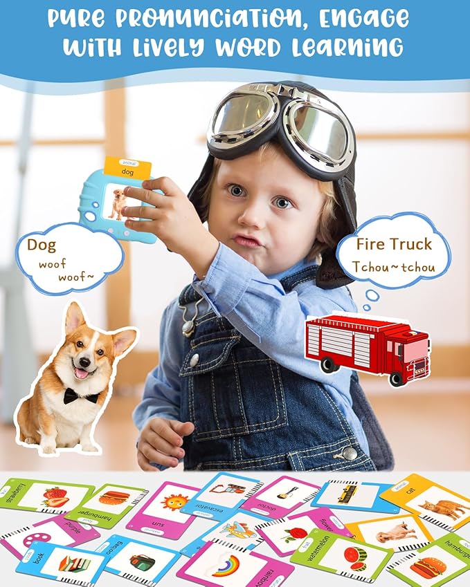 224 Words English Talking Flash Cards with Music, Montessori Educational Learning Kid Toddler Toys, Pocket Speech Therapy and Autism Easter Birthday Sensory Toys for Girls Boys