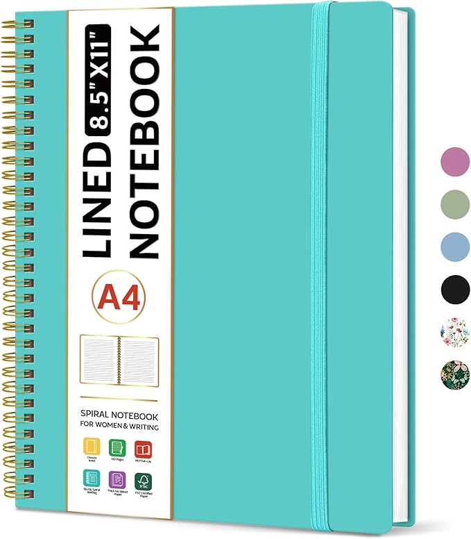 Taja Spiral Lined Notebook, 8.5"x11" Notebooks for Work, Large A4 Journal for Women & Men, College Ruled Journaling Notebook for Writing, Plastic Cover Spiral Journal, Aquamarine