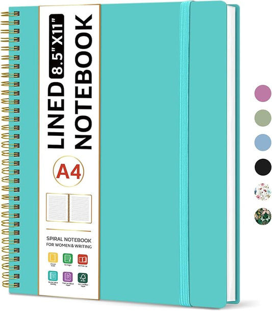 Taja Spiral Lined Notebook, 8.5"x11" Notebooks for Work, Large A4 Journal for Women & Men, College Ruled Journaling Notebook for Writing, Plastic Cover Spiral Journal, Aquamarine