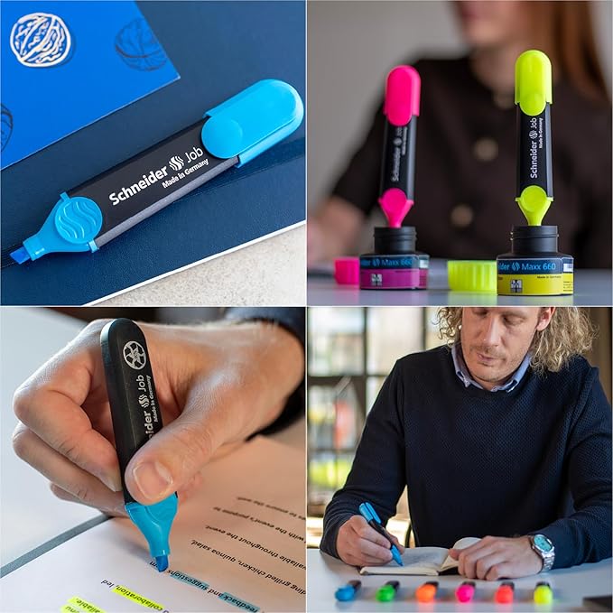 Schneider Job Highlighter, Chisel Tip, 1 + 5 mm, Black Barrel, Blue Ink, Box of 10 Highlighters (1503)