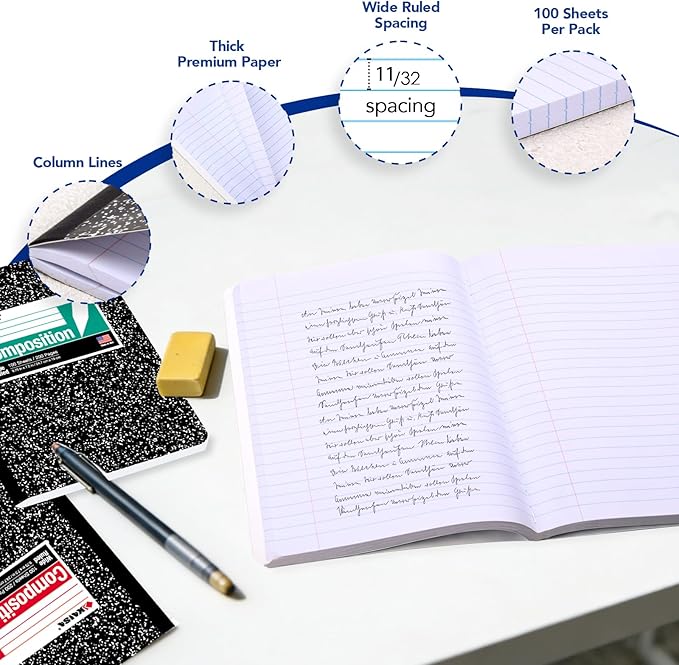 KAISA Composition Notebooks 100Sheets Comp Book,Wide Ruled 9.75x7.5inch, Classic Marble Composition Books, Carton of 20pads, C10001W