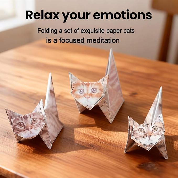 50 Piece 3D Origami Cat Kit for Kids 6-12, Pre-Cut Pre-Printed Origami Paper, No Scissors No Glue, Kids DIY Craft Desk Pets Educational Gift