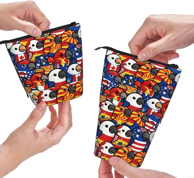 Colored Flag Funny Bird Kids Standing Pencil Case Telescopic Stationary Pouch with Zipper Large Capacity Stand up Pen Bag Portable Makeup Holder for Children School Students Office Supplies
