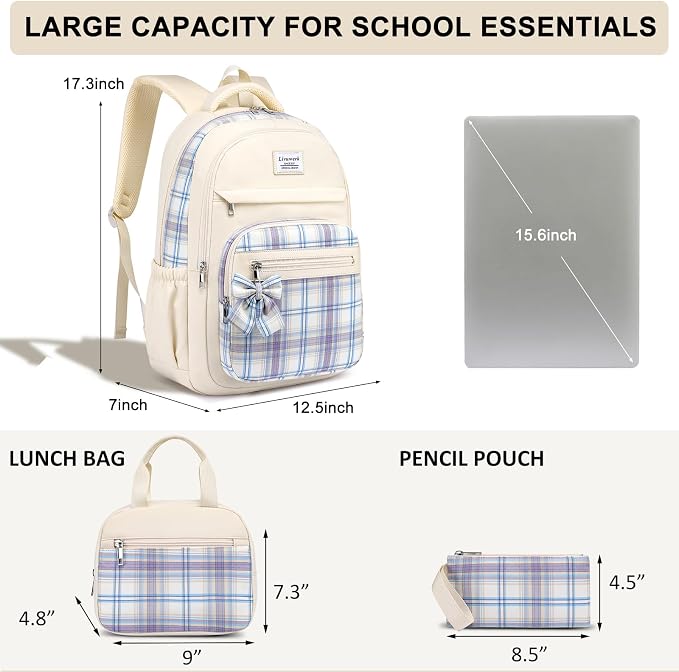 School Backpack for Teen Girls: Cute Bookbags Middle High School College Casual Back Pack 15.6 inch Laptop Backpacks Vintage Bags Women Travel Daypacks Mochilas Escolares 3Pcs Beige