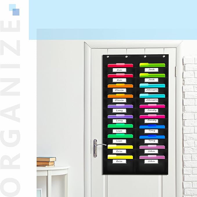 Vantasii Nylon Storage Pocket Chart with 20 Name Tag Pockets, Hanging Wall File Organizer, 4 Hooks and 20 Blank Cards, Organize Your Assignments, Files, Scrapbooks, Paper (28.5”x 47”) …