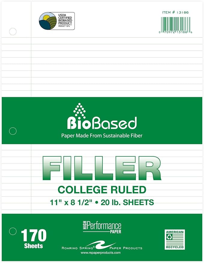 Roaring Spring Biobase Filler Paper, 8.5"x11", 170 Sheets Per Package of 20# White Paper 3-Hole Punched, College Ruled W/Margin (Case of 12)