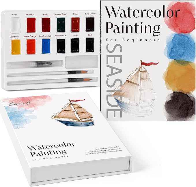 Watercolor Workbook for Beginners-Water Color Books Paint Set with 12 Original Patterns,Water Coloring Book with 12 Colors&Brushes,Arts&Crafts Birthday Gifts(Seaside)