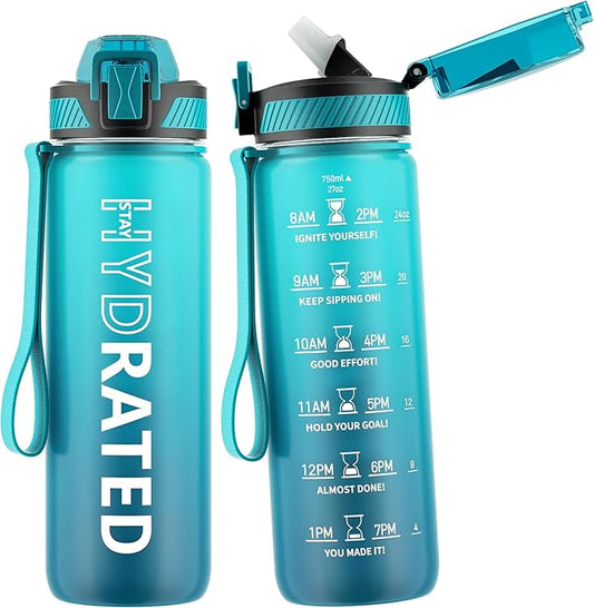 QLUR Water Bottle with Straw, 27oz Motivational Water Bottles with Time Marker to Drink, Tritan BPA Free, 750ml Sports Water Bottle with Carry Strap LeakProof for School Fitness Outdoor (1Pack)