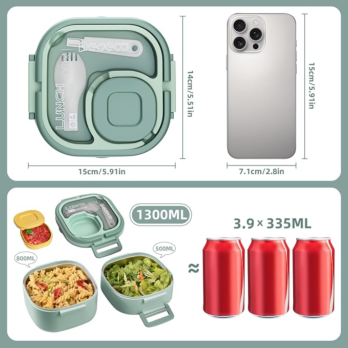 PEDECO Double-Layer Bento Lunch Box for Kids & Adults with Removable Stainless Steel Dividers,Dressing Container,BPA-Free,Dishwasher Safe - Includes Utensil,(Green,Non-Insulated)