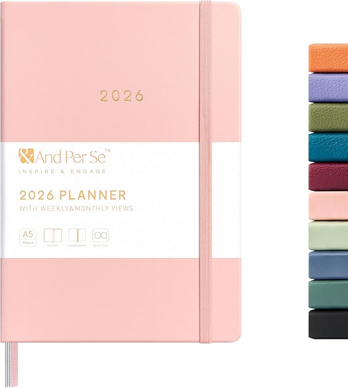 And Per Se 2026 Planner-Daily, Weekly & Monthly Leather Hardcover Planner, 5.7" x 8", Daily Schedule, 100 GSM Thick Paper, Back Pocket(Pink)