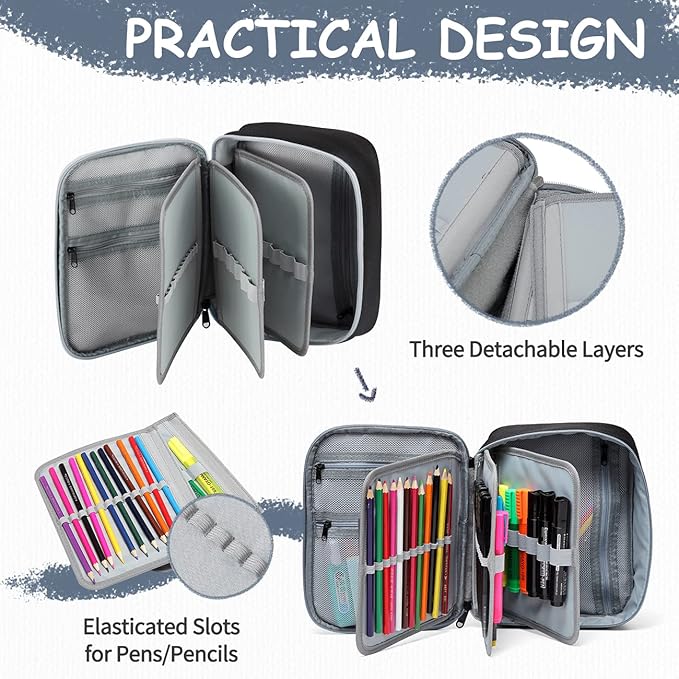 VASCHY Large Pencil Case, Art Color Pencils Pouch with Detachable Layers Multiple Zip Pockets for School Office Stationary Organization Black