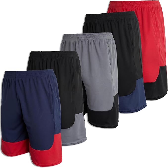 Real Essentials 5 Pack: Boys' Mesh Basketball Athletic Shorts with Pockets – Teen Kids Youth Quick Dry Soccer Running Gym