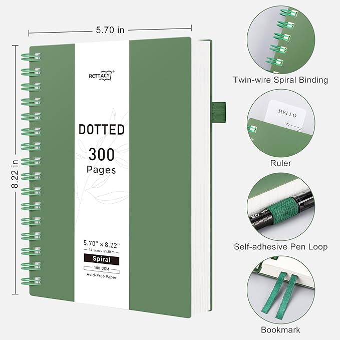 RETTACY Dotted Journal Notebook, 300 Pages, A5 Medium Size (5.7'' × 8.2''), 100 GSM Thick Paper, Flexible Plastic Cover, Spiral-bound, for Journaling, Planning, Tracking (Dark Green)