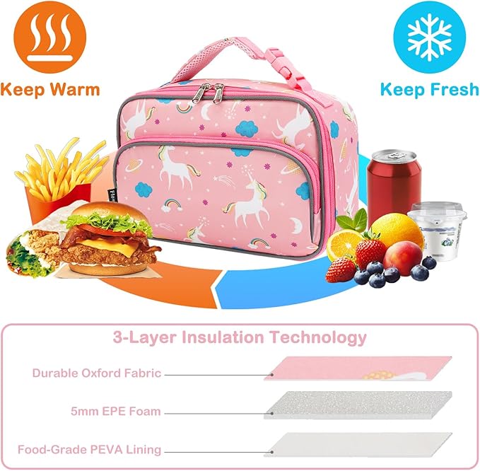 FlowFly Kids Lunch box Insulated Soft Bag Mini Cooler Back to School Thermal Meal Tote Kit for Girls, Boys,Unicorn