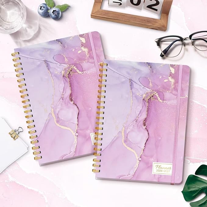 Lonely Oak Academic Planner 2026-2027, Daily Weekly and Monthly Agenda Planner 6.18" x 8.5" with Tabs, 12 Months Spiral School Year A5 Calendar from Jul.2026 to Jun.2027 for Student and Teacher (Purple Marble)