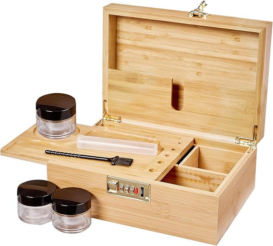 Bamboo Wood Desktop Organizer with 3 Glass Jars and Sliding Tray - Red Multi-Compartment Storage Case for Craft Supplies, Stationery, and Small Accessories (Natural wood colour)