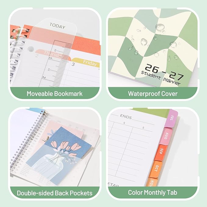 Student Planner 2026-2027, SUNEE Middle or High School Datebooks Student Planner for Academic Year Jul. 2026 - Jun. 2027, 6.5" x 8.3" Lesson Plan Book with Bookmark, Planning Stickers, Green Waves