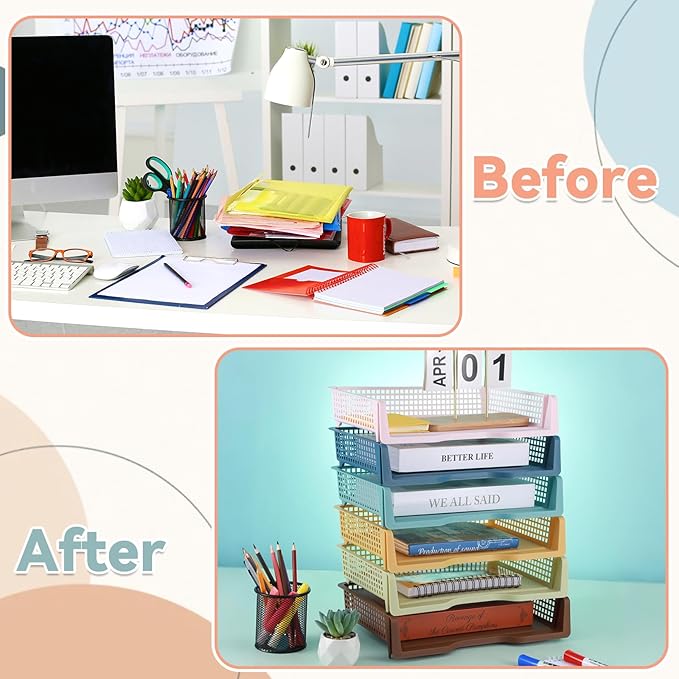 gisgfim 6 Pcs Turn in Trays Classroom Retro Paper Tray for Classroom Organization and Storage Stackable Plastic Book Baskets Turn in Bins Teacher Organizers for Library Drawers School Office Desk