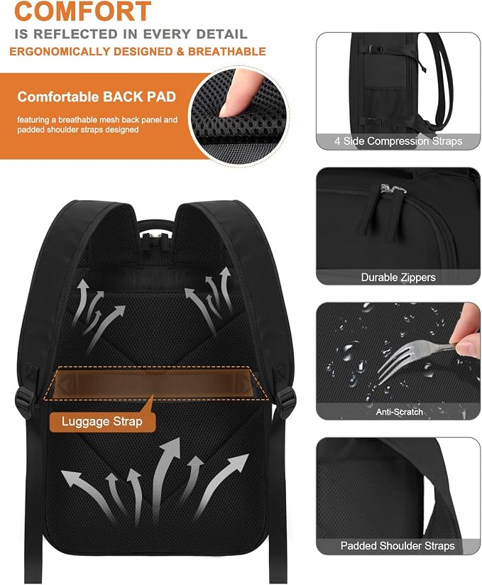 Capolo Travel Backpack for Women Men Waterproof Laptop Backpack Airlines Approved Carry On Backpack Bag Computer Bookbag for Business, Work, Traveling Fits 17 Inch Laptop(Black Zipper,XL)