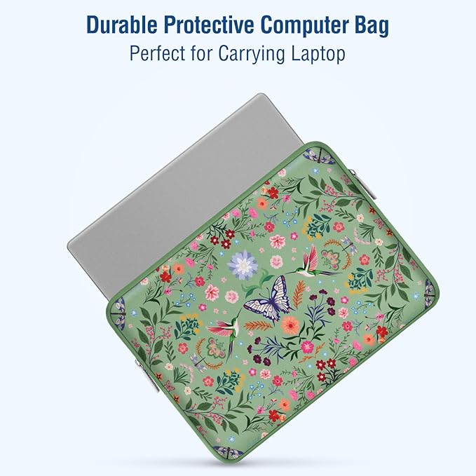 MOSISO Laptop Case 13.3 inch, 13-14 inch Laptop Sleeve Bag Compatible with MacBook Air/Pro 13/Pro 14, HP Dell ASUS Lenovo, Neoprene Hummingbird Plants Flowers Computer Bag with Small Case, Green