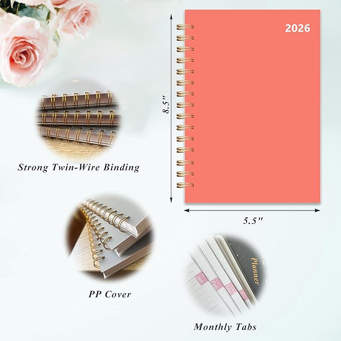 2026 Weekly and Monthly Planner, From January 2026 to December 2026, 5.5" x 8.5" Daily Planner for Productivity, Goal Setting & Time Management, Organizer for Work & School - Orange Hard Cover