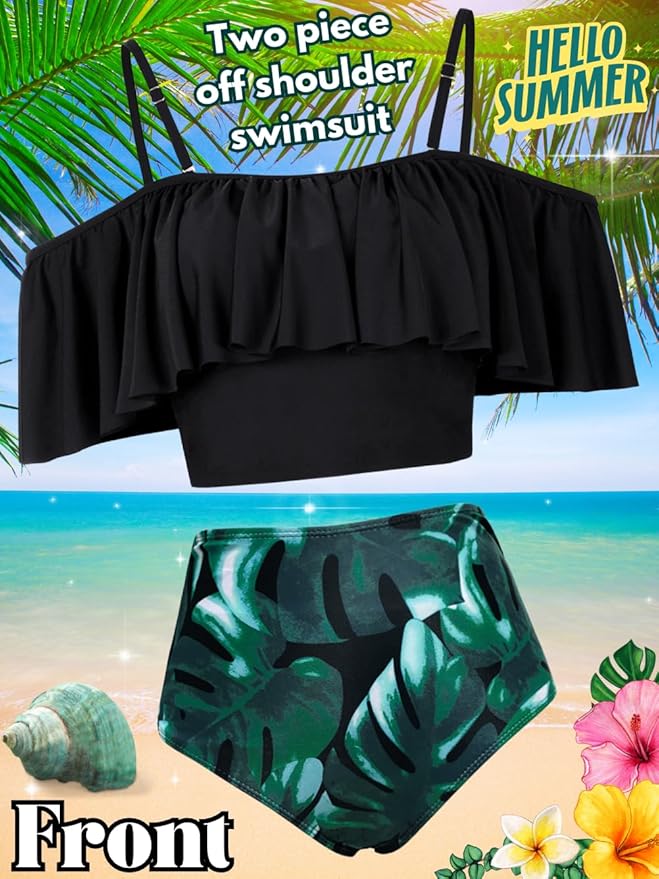 Kaei&Shi High Waisted Flounce Bikini Set,Tummy Control Swimsuits for Women,Off Shoulder
