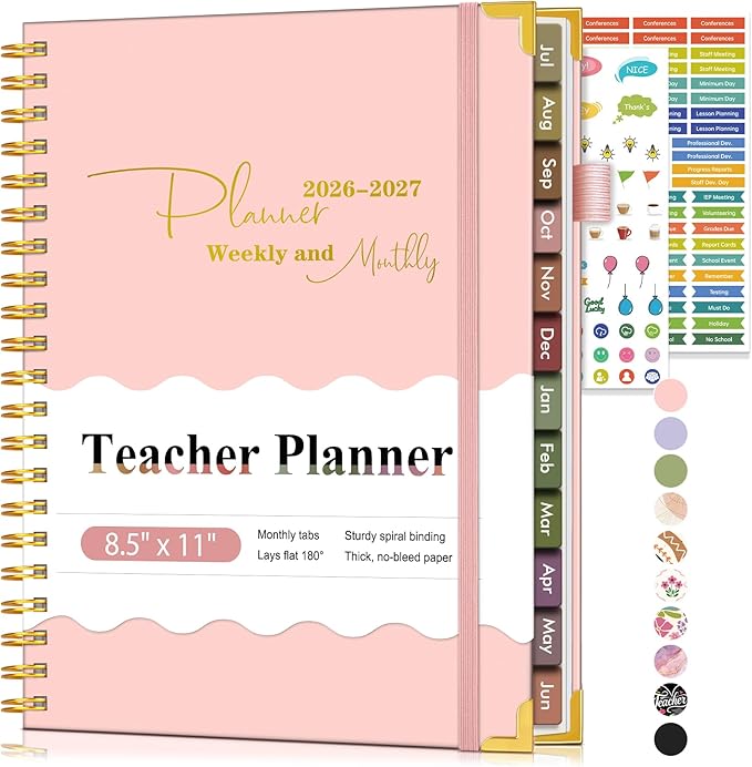 Teacher Planner 2026-2027, July 2026 - June 2027, Academic Weekly & Monthly Calendar Planner with Tabs, 8.5" x 11" A4 Teacher Lesson Plan Book with 7 Periods, Daily Agenda School Organizer for Teacher Student Homeschool, Pink