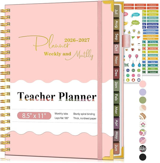 Teacher Planner 2026-2027, July 2026 - June 2027, Academic Weekly & Monthly Calendar Planner with Tabs, 8.5" x 11" A4 Teacher Lesson Plan Book with 7 Periods, Daily Agenda School Organizer for Teacher Student Homeschool, Pink