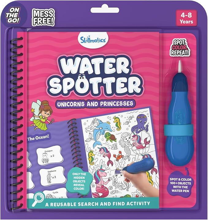 Skillmatics Reusable Search & Find Book – Water Spotter, Mess-Free, Fun Learning Activity, Unicorns & Princesses, Travel Toy, Gifts for Kids Ages 4, 5, 6, 7, 8