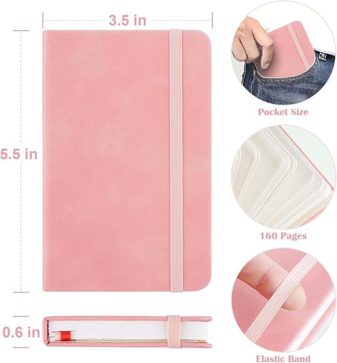 Pocket Dotted Notebook, 2-Pack Dot Grid Notebook, Dotted Journal with Stickers, 3.5" x 5.5" Hardcover, Small Mini A6 size, 160 Pages, 100 gsm Thick Paper, Pink