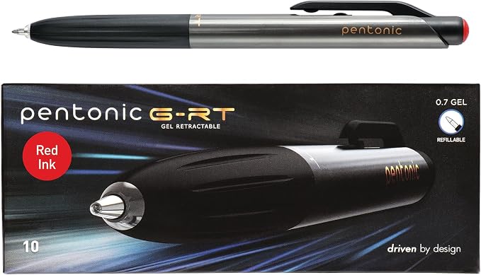 Pentonic G-RT Retractable Gel Pens, 10 Count, Red Ink, 0.7 mm Fine Point, Smooth Writing For Journaling, Note Taking, Office & School (1002364)